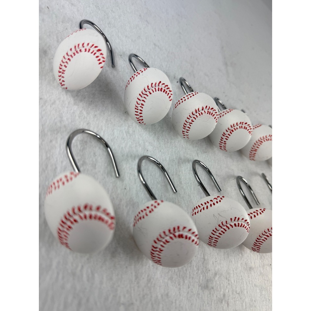 Set of 12 Baseball Shower Curtain Hooks White Red Stitching Sports Theme Decor